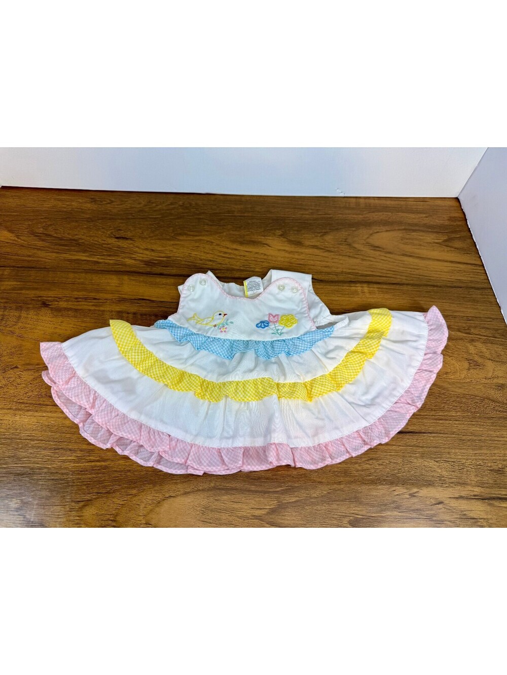 Vintage Baby Girl Dress 12M Embroidered Bird Flowers Gingham Ruffle Easter